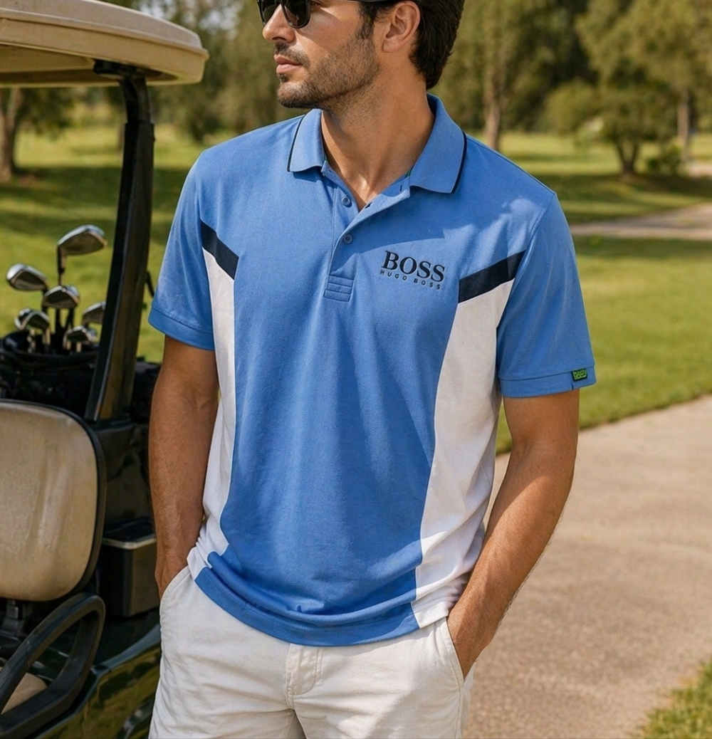Hugo Boss Polo Shirt Men’s Medium Blue White Colorblock Moisture Golf Shirt